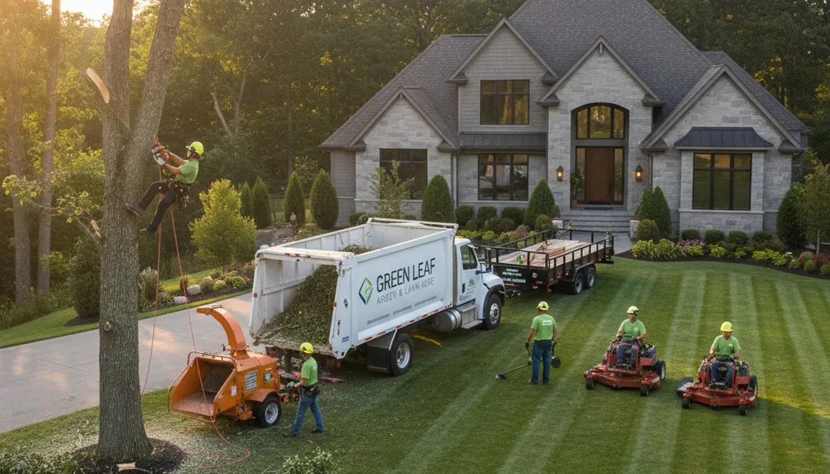 Professional lawn care and tree service team working in Andover, MA