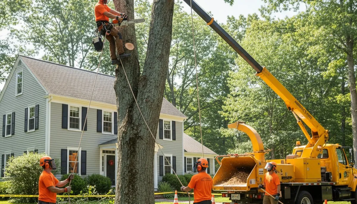 Professional arborists performing safe shrub removal with equipment in Andover, MA