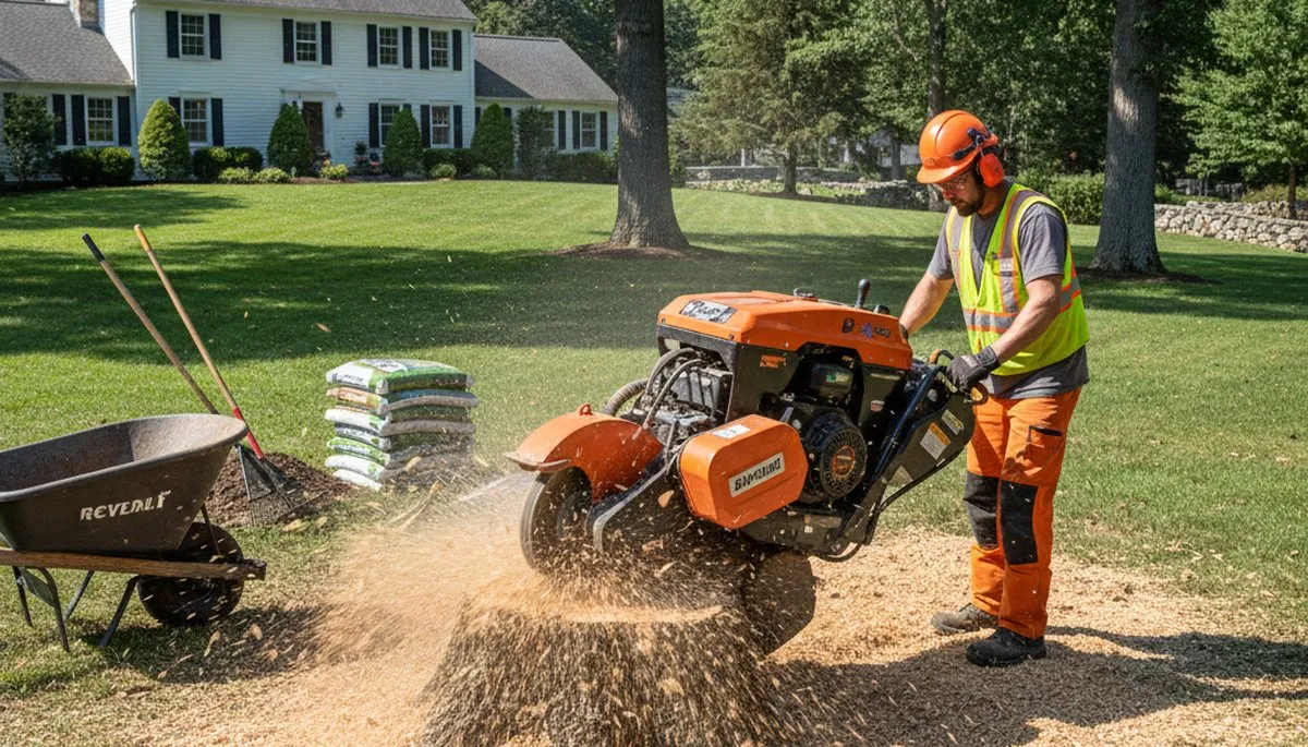 Professional stump grinding service removing tree stump in Boxford, MA by Andover Tree Service experts