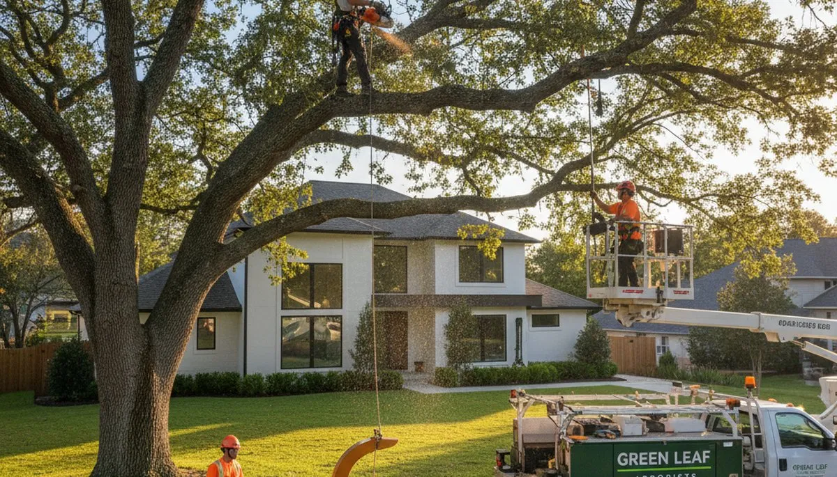 Arborist trimming oak tree branches in residential yard, professional tree service Andover MA